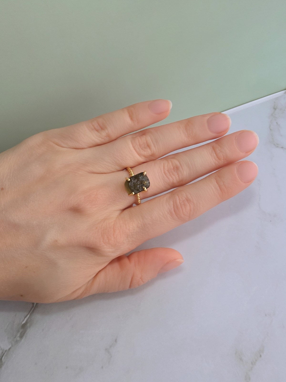 Natural Moldavite Ring 14K Gold Plated 925 Silver Adjustable Gift for Her