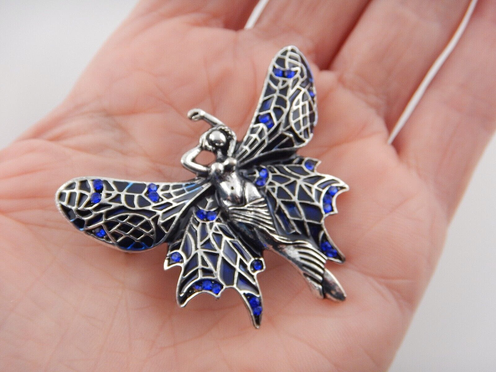 RETRO FAIRY BROOCH black silvertone blue enamel wings crystals pin/pendant K2