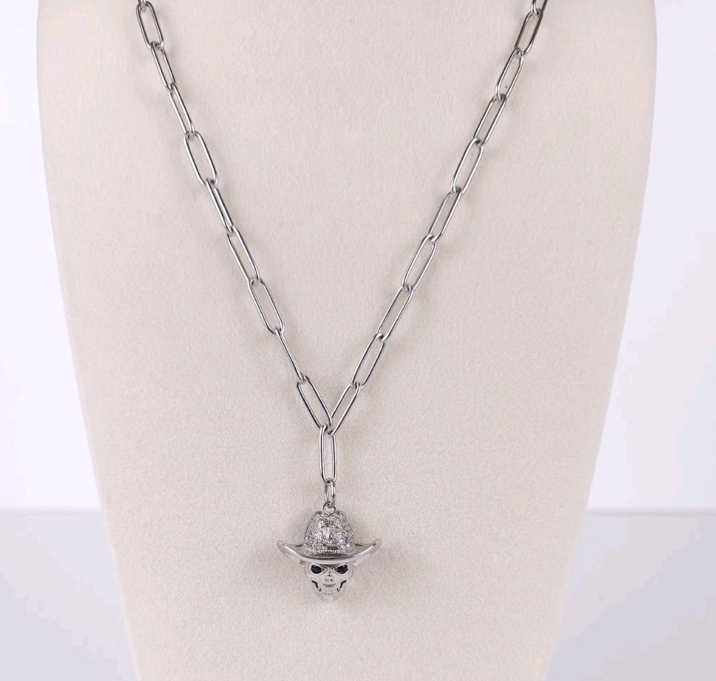 Dalmata Silvertone Chain Necklace with Cowboy Hat Skull Drop Pendant