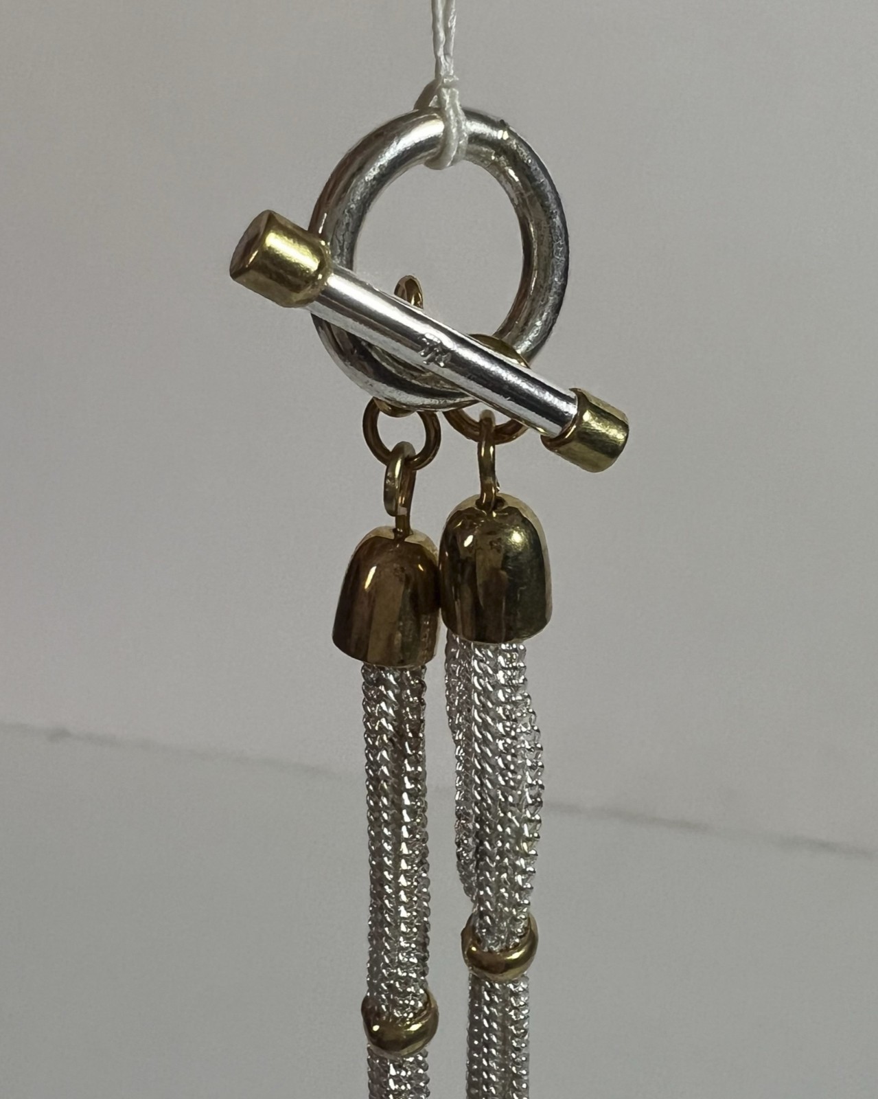 Macy’s Silver Tone Multi Strand Mesh Chain Station Necklace Two Tone Toggle 36″