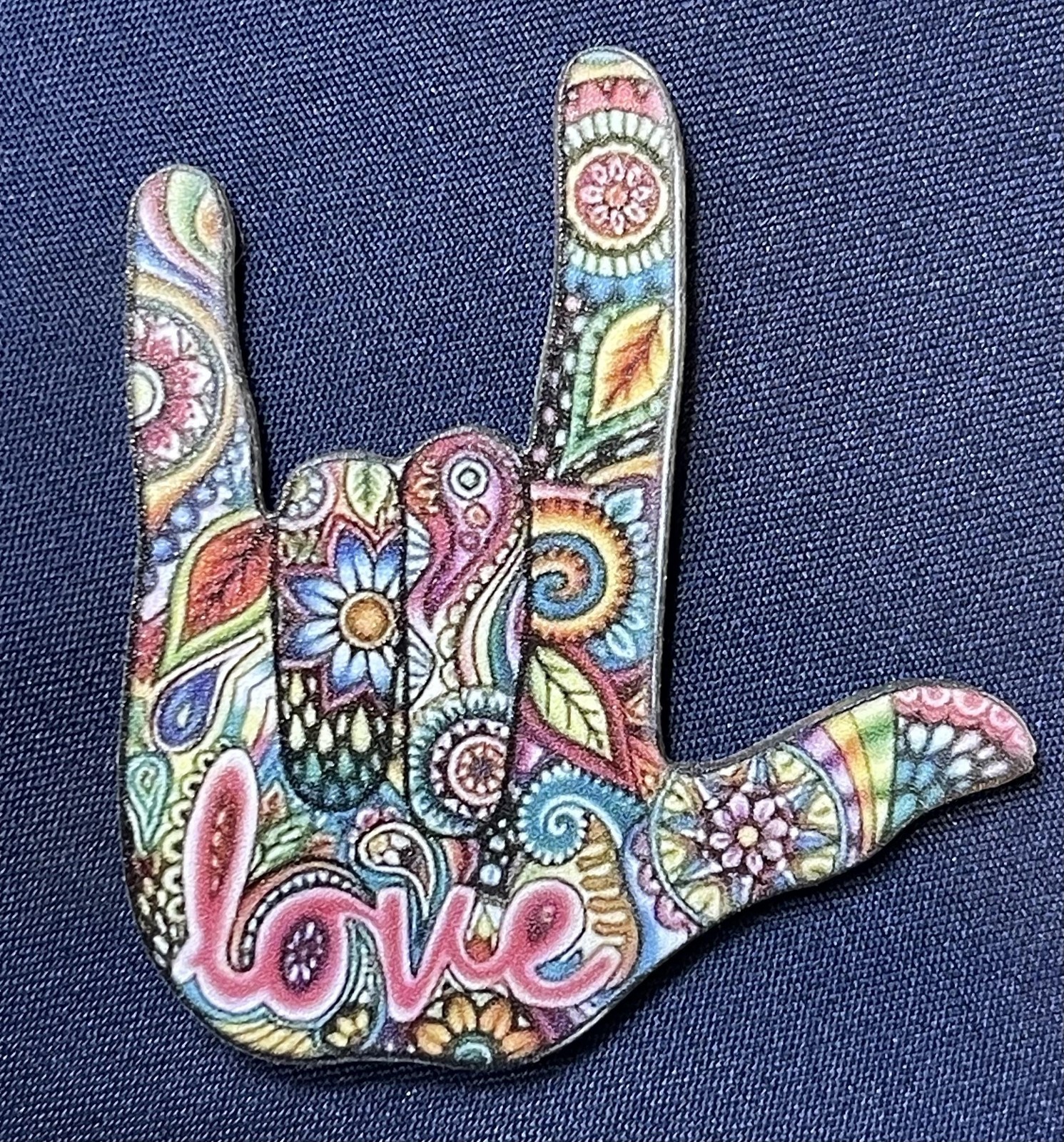 NWOT Love Hand Sign Lapel Pin Brooch Multicolor Resin Plastic Hippie Boho 2D