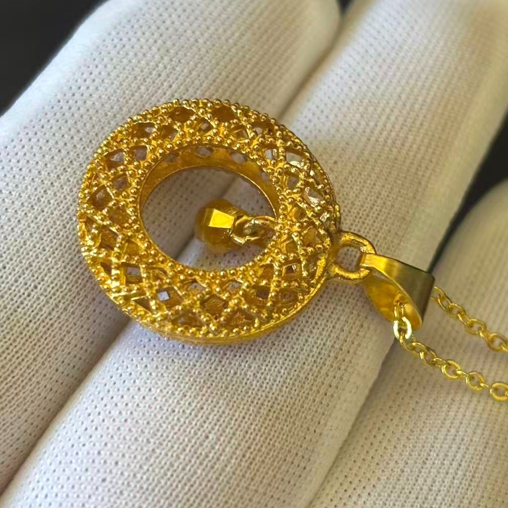 Hollowed-out Gold-plated?(NOT SURE) Gold tone Round Pendant Necklace marked’999′