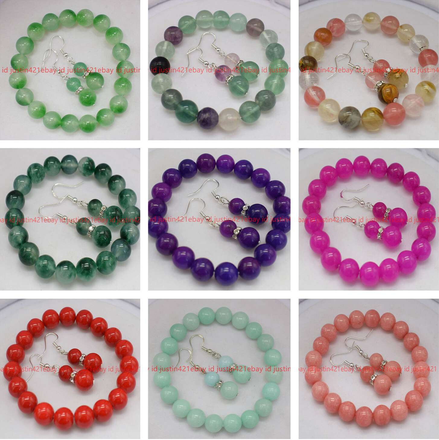 8/10/12/14mm Natural Multicolor Gems Round Beads Stretch Bracelet Earrings 7.5″