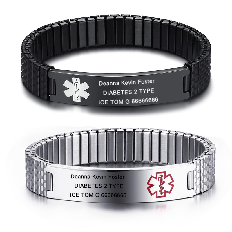 Women Men Medical Alert ID Name Spring Stretch Bracelet Bangle Free Engraving