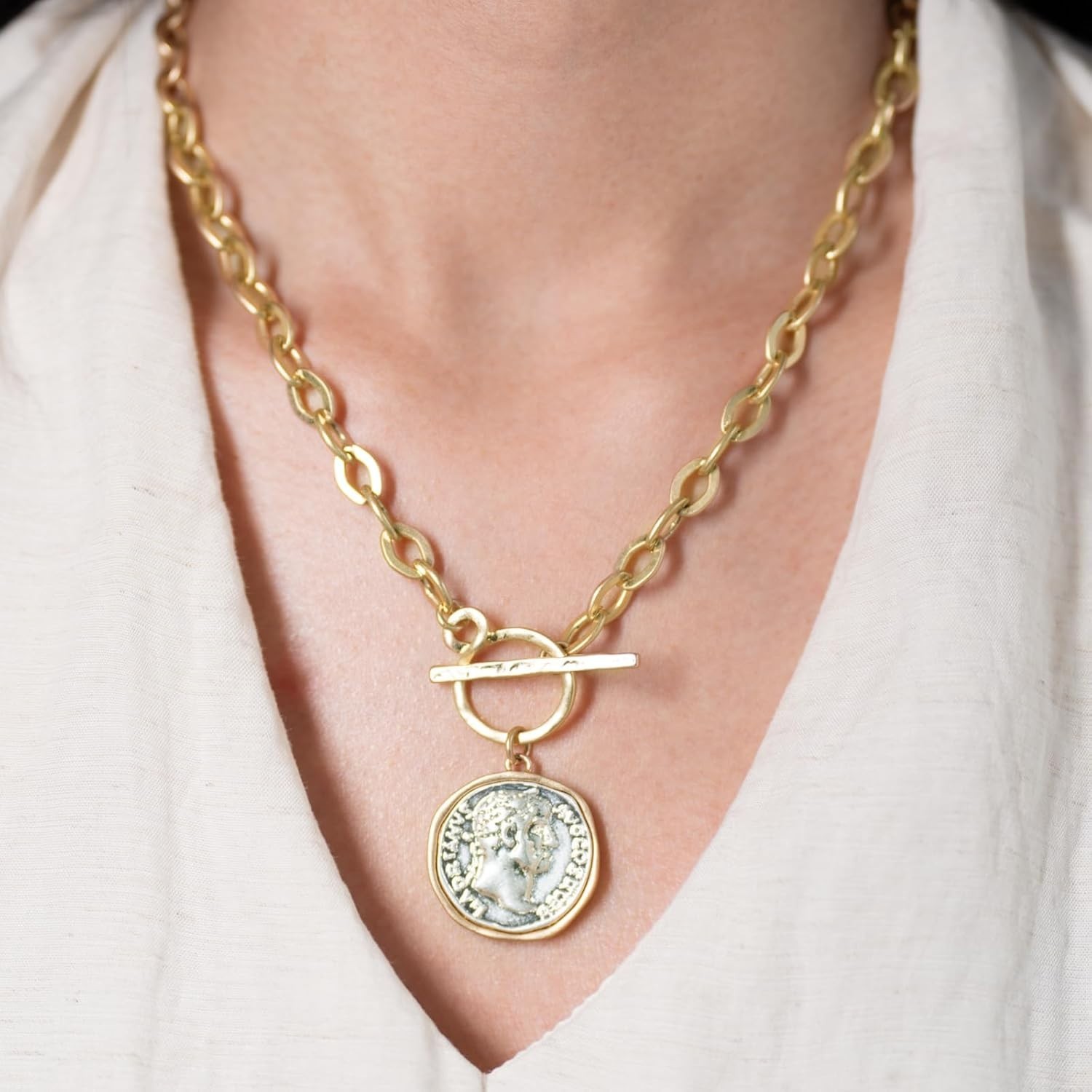 Chunky Coin Antique Gold Plated Thick Link Chain Layered Pendant Necklace for…