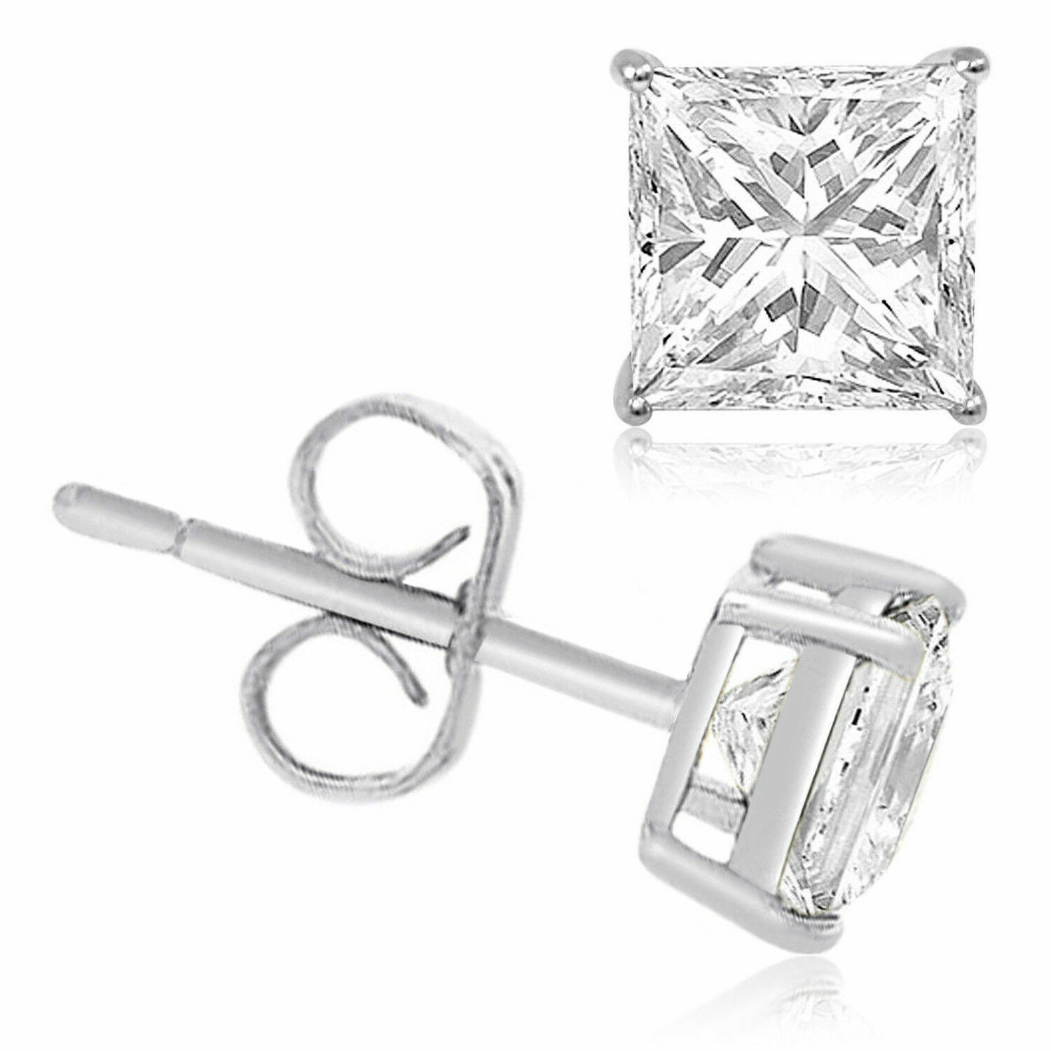 Sterling Silver 925 Princes Square Cut Cubic Zirconia Men Women Ear Stud Earring