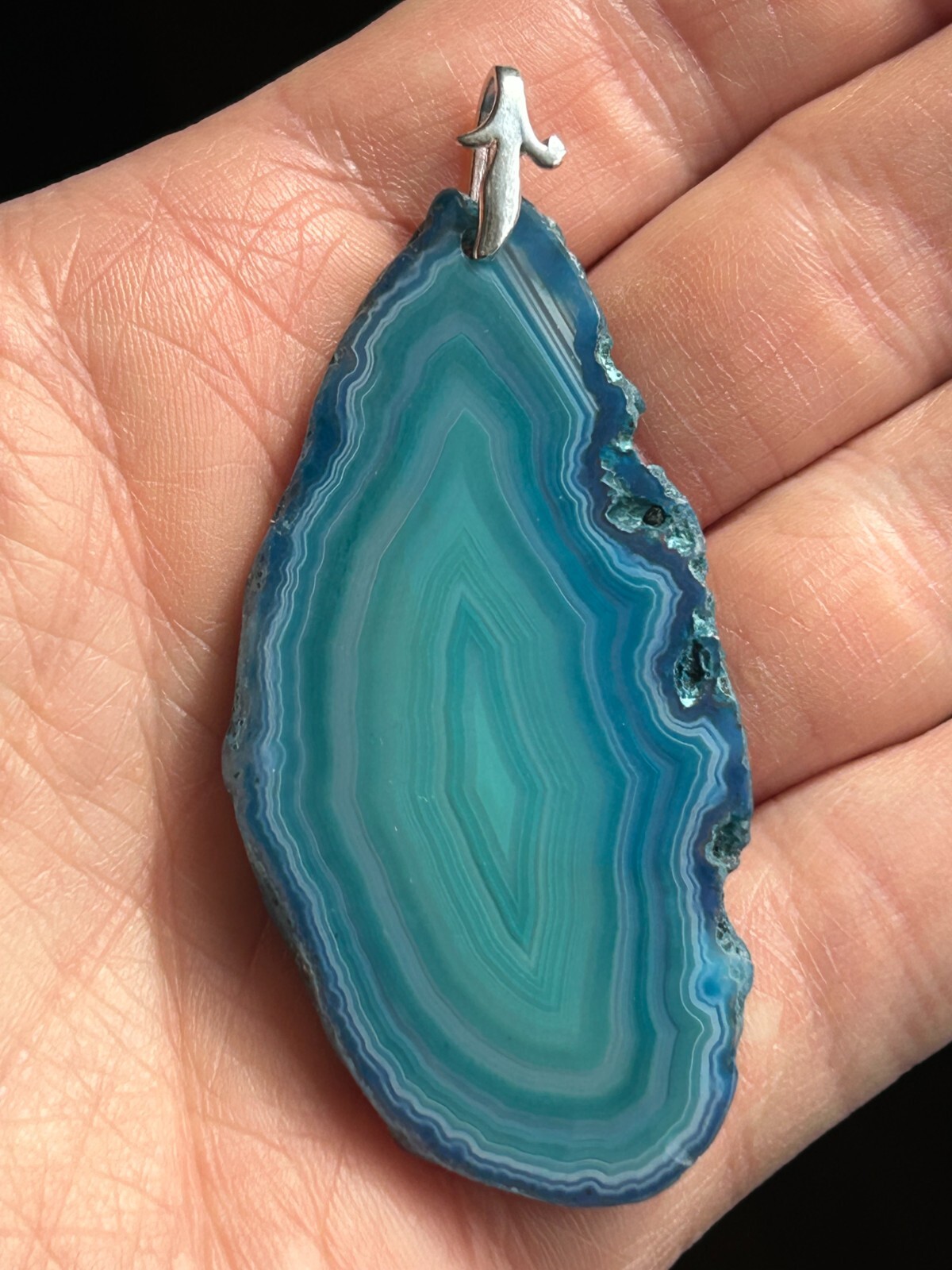 Brazilian Blue Slice Oblong Agate Pendant 2 1/2″x 1 1/2″ Silver tone bale