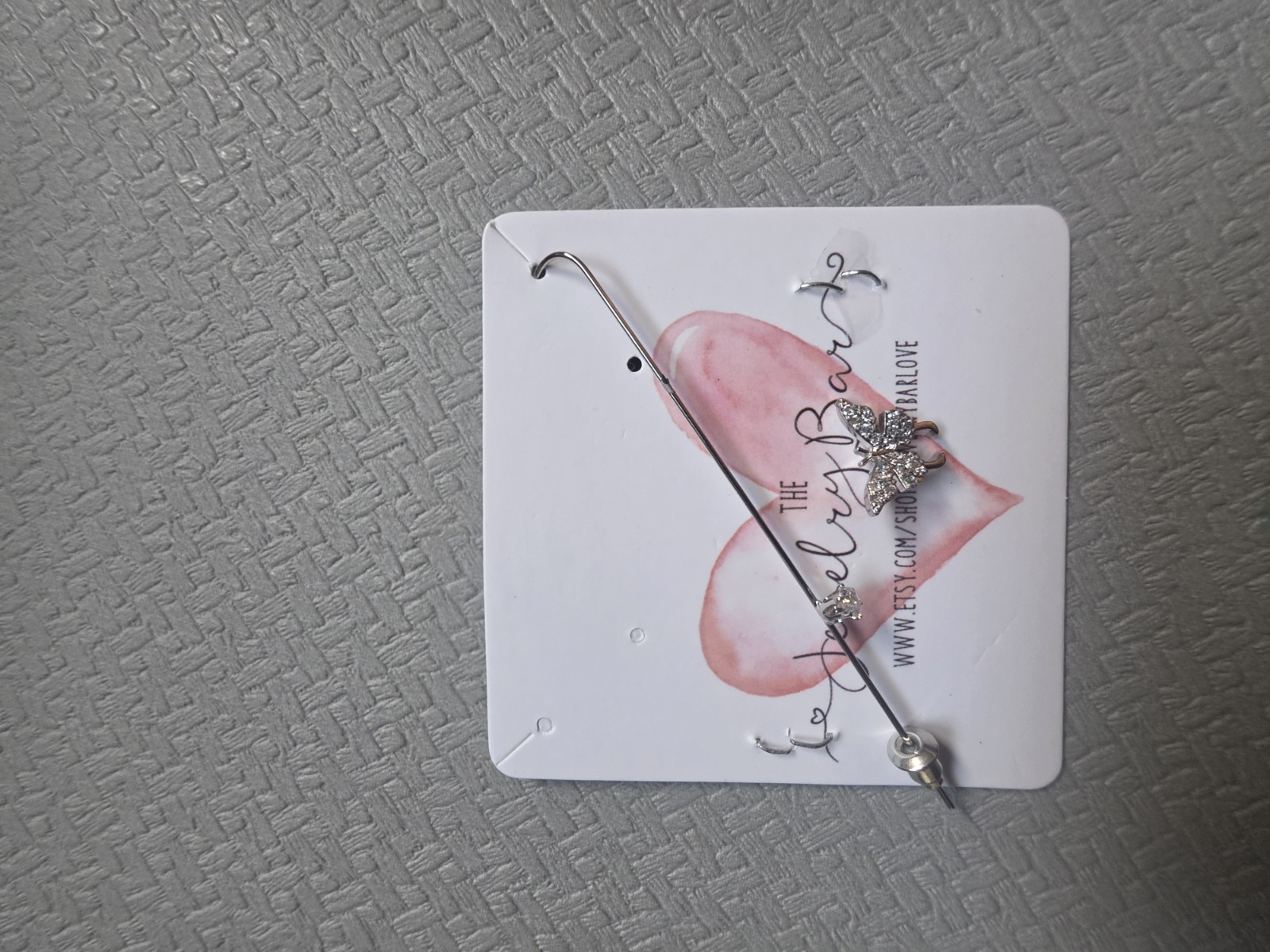 Silver Tone Butterfly With Rhinestones Earring Bar With Detachable Butterfly