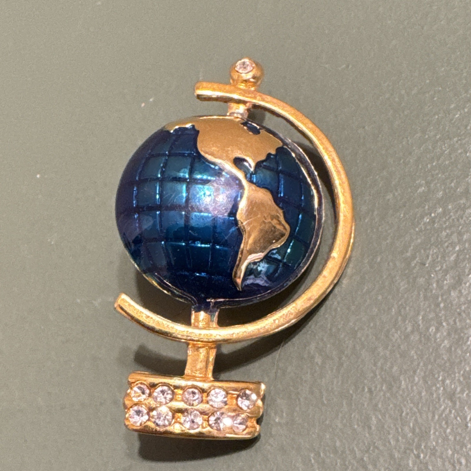 Gold Tone Blue Enamel Globe Brooch Pin Clear Round Rhinestones Travel Theme