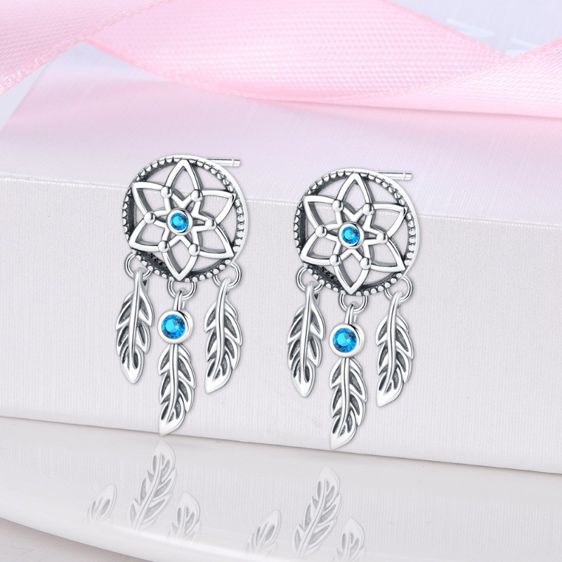 PANDACH 925 Sterling Silver Dream Catcher wIth Feathers Stud Earrings For Womens