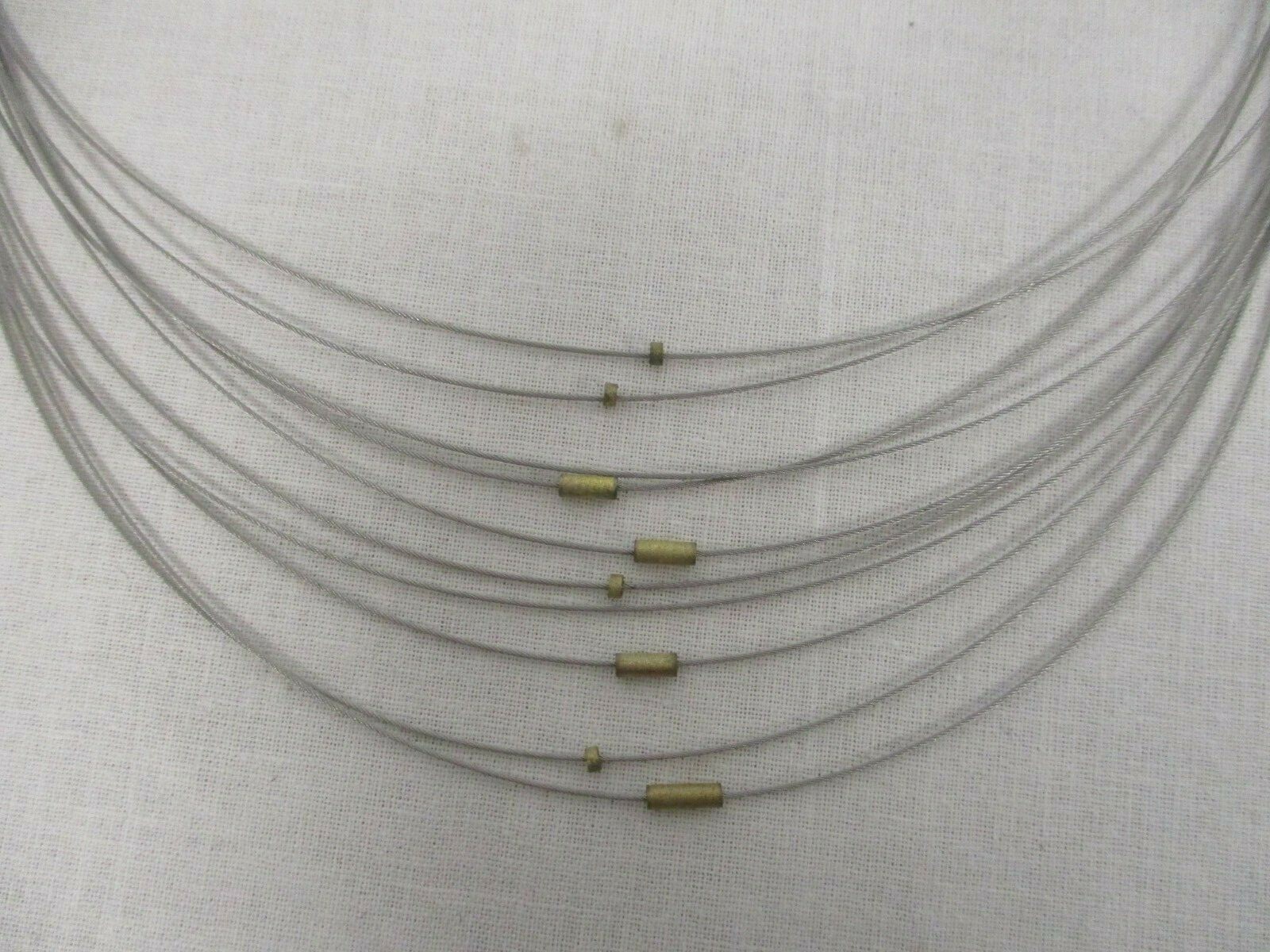 THIN TWISTED STAINLESS CABLE WIRE 10 STRAND CHOKER NECKLACE with BRASS BEADS