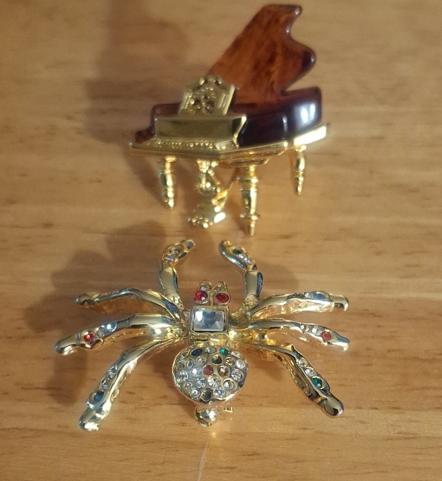 Gold Tone Rhinestone Pin Lot 2 Spider & Grand Piano Multicolor Metal