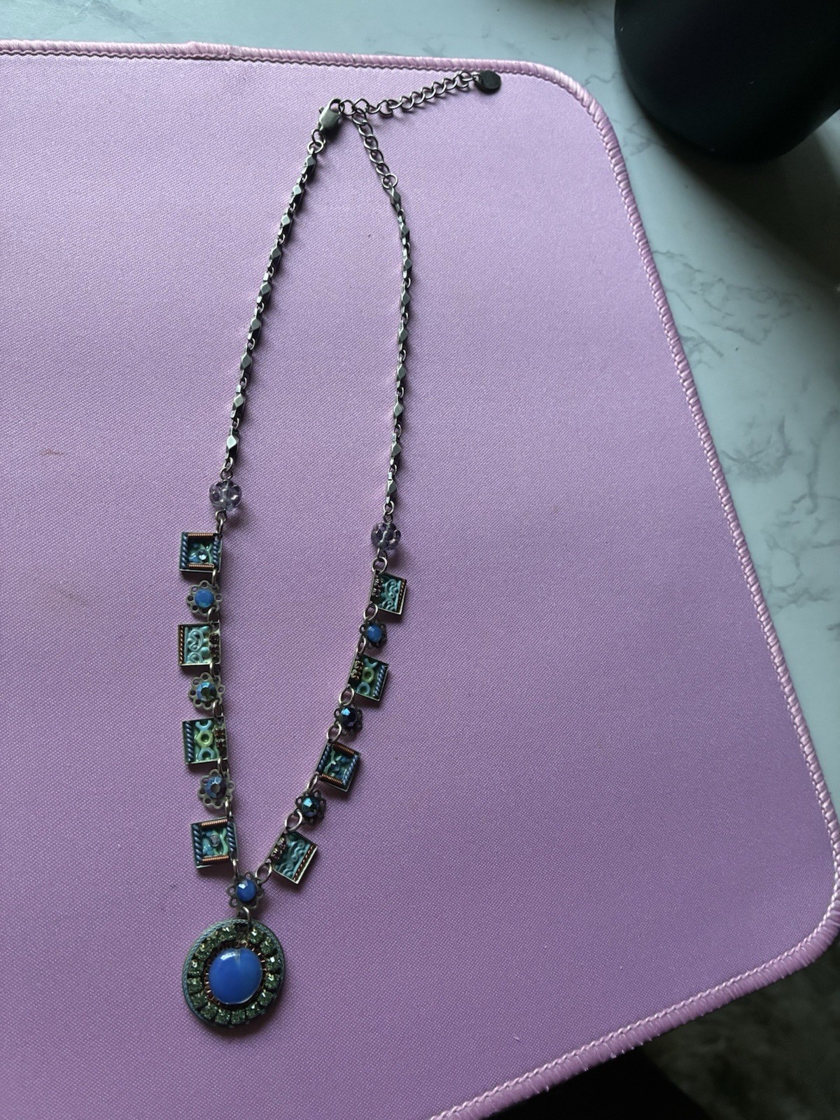 Noosa Silver-Plated Cable Chain Necklace Blue Crystal Round Pendant Signed