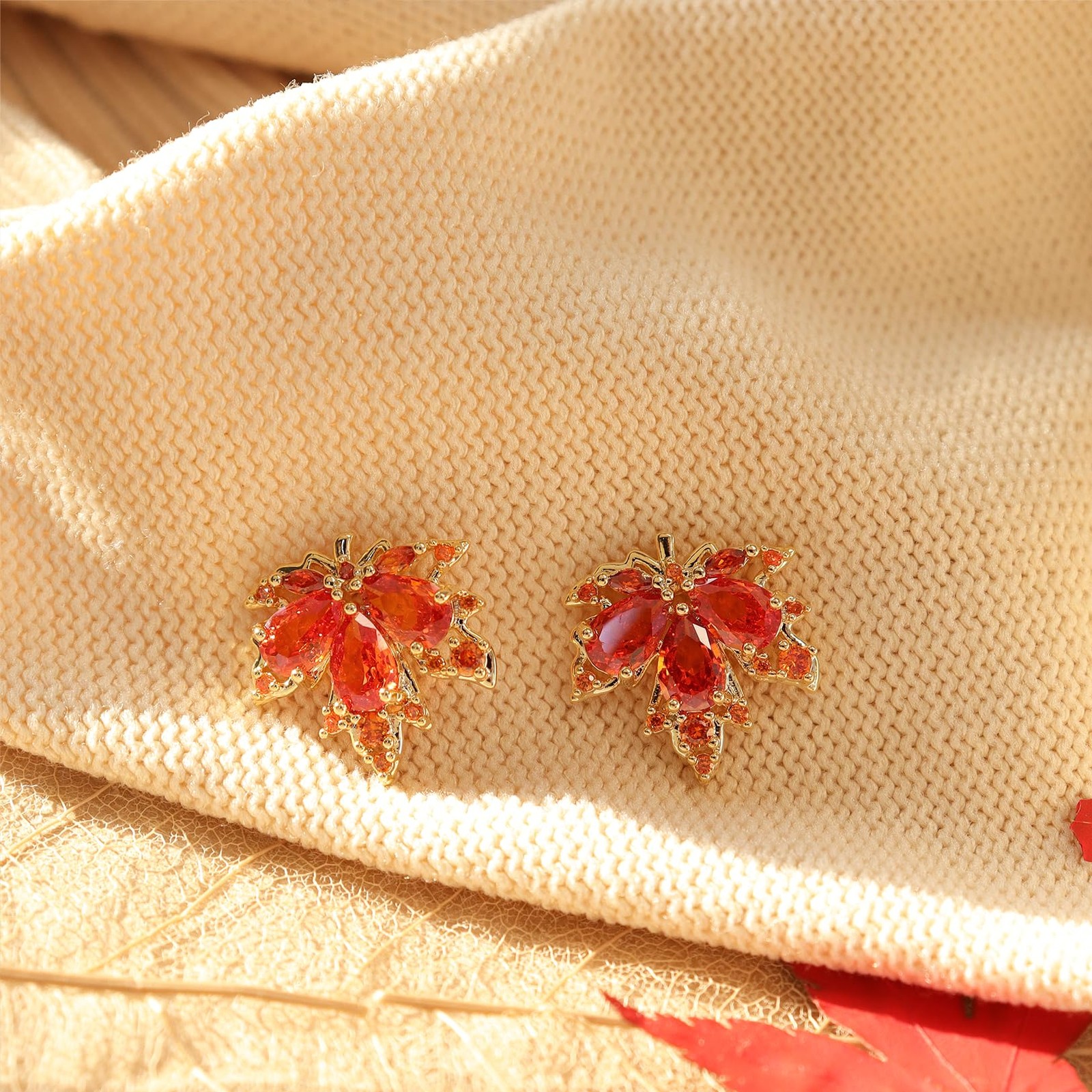 Fall Maple Leaf Stud Earrings Necklace Set, Trendy Statement Vintage Orange R