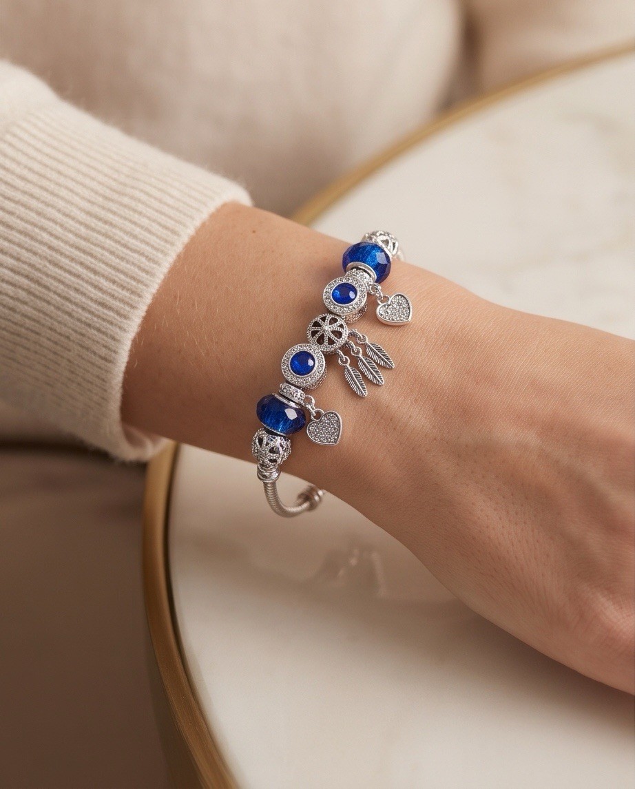 Silver Tone Snake Chain Charm Bracelet Blue Crystal Beads Heart Dangles