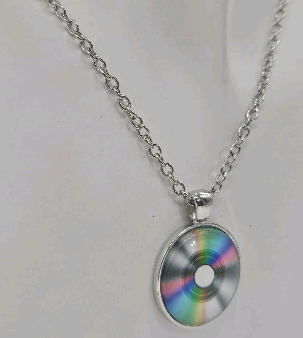 Music Record Pendant Necklace – Music Themed Jewelry – Silver Tone Disc & Chain