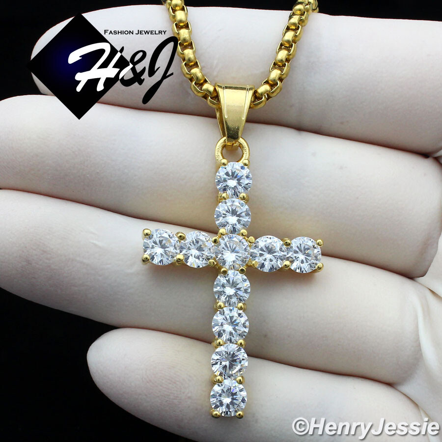 18″-36″MEN Stainless Steel 3mm Gold Plated Box Link Chain CZ Cross Pendant*127