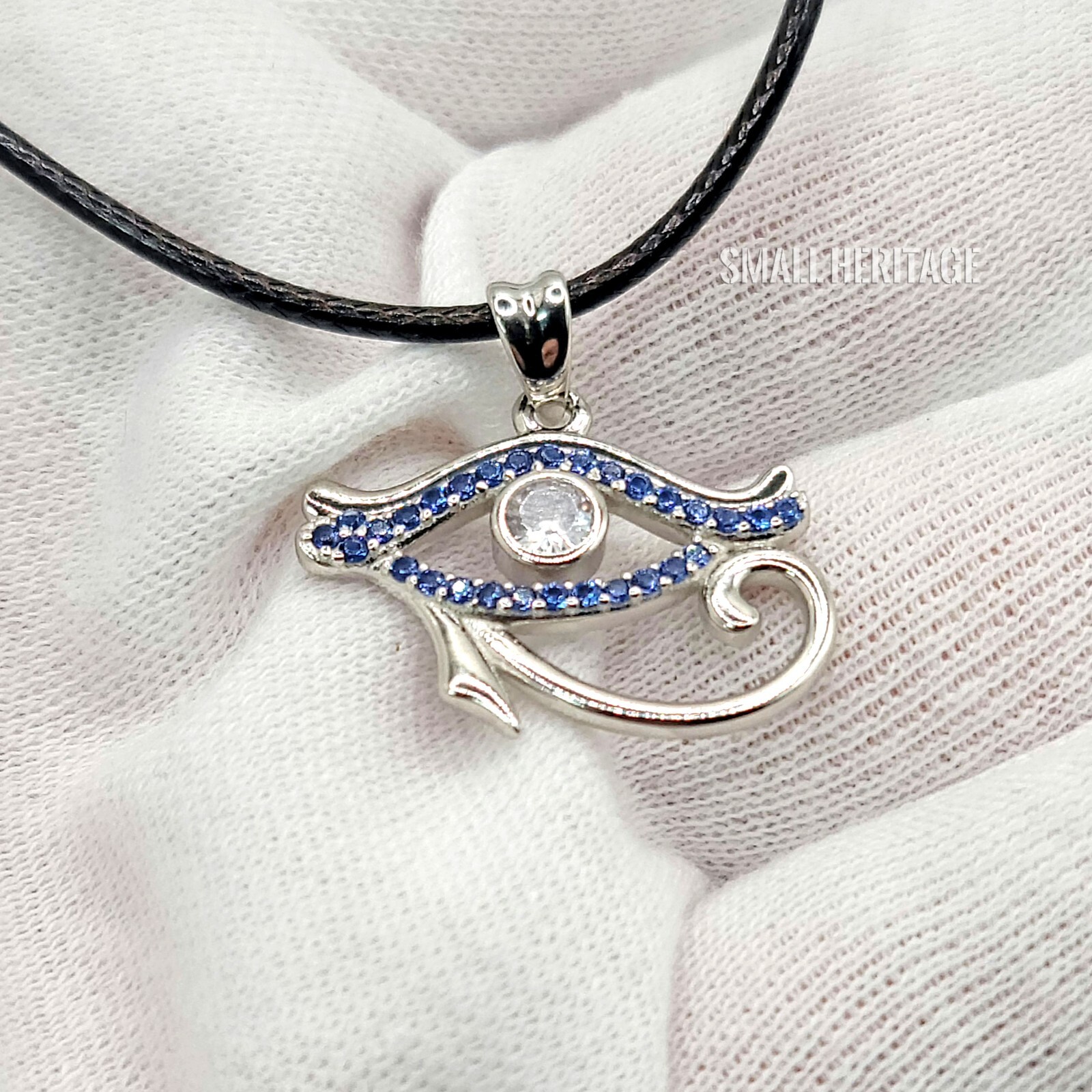 925 Sterling Silver Necklace Ancient Egypt Eye Of Horus pendant Blue crystals