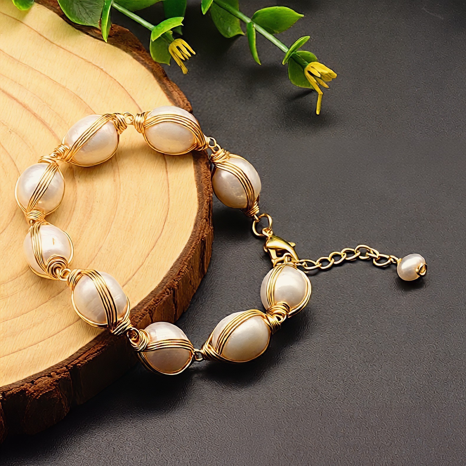 18K Gold Plated Freshwater Pearl Turquoise Bracelet Women’s Adjustable Gift
