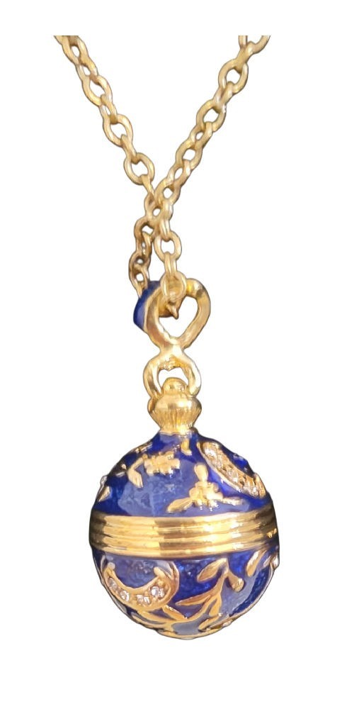 Russian Faberge Inspired Easter Enamel Egg Pendant Dark Blue w/ Gold Color Chain