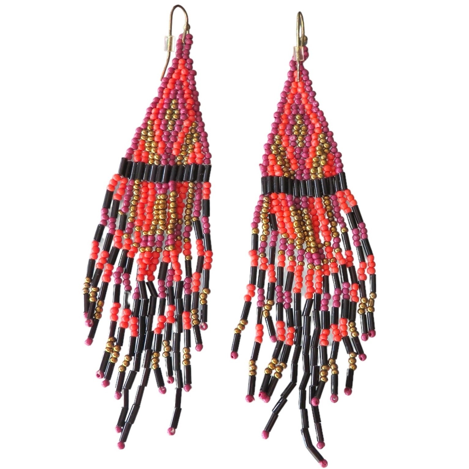 Boho Handmade OOAK Beaded Hanging Earrings Long Lightweight Pink Orange Black