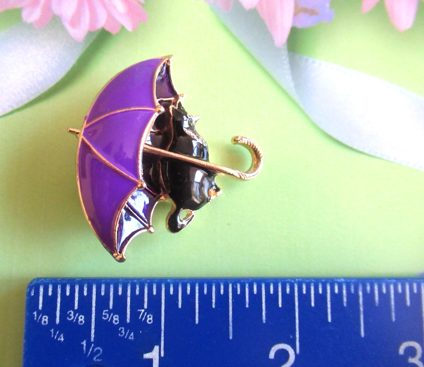 CUTE Enamel Pink Purple Umbrella White Black Kitty Cat Brooch Lot 2 pcs NEW