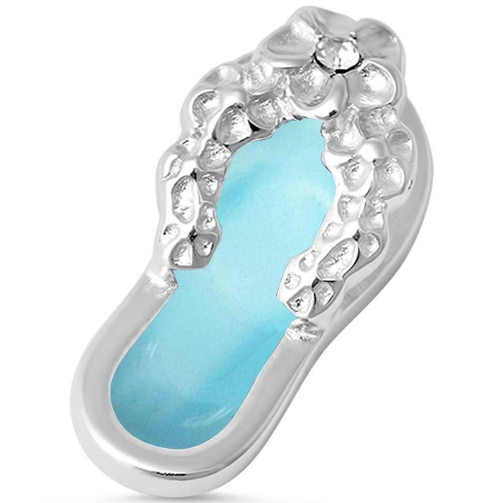 Natural Larimar Plumeria Beach Sandals .925 Sterling Silver Pendant