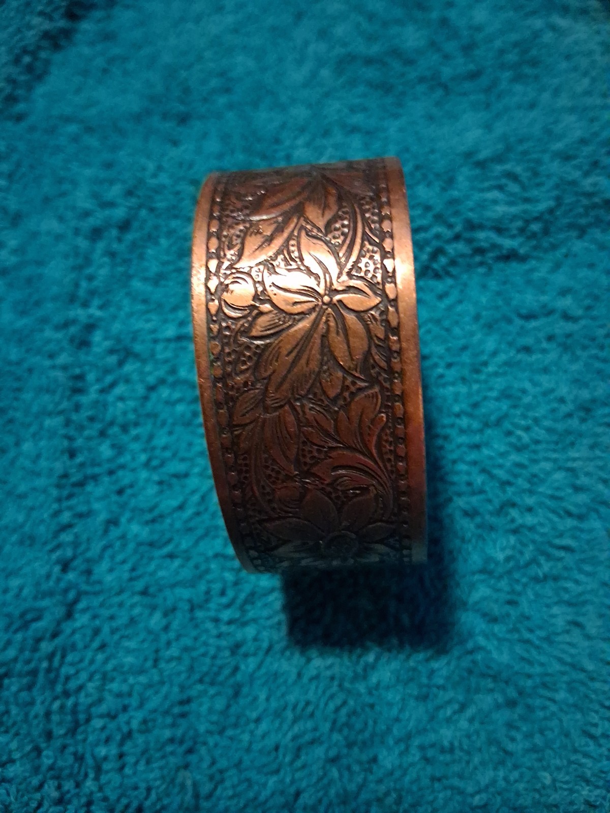 Copper Floral Engraved Cuff Bracelet Sizable Less Than 8in Flower Shape