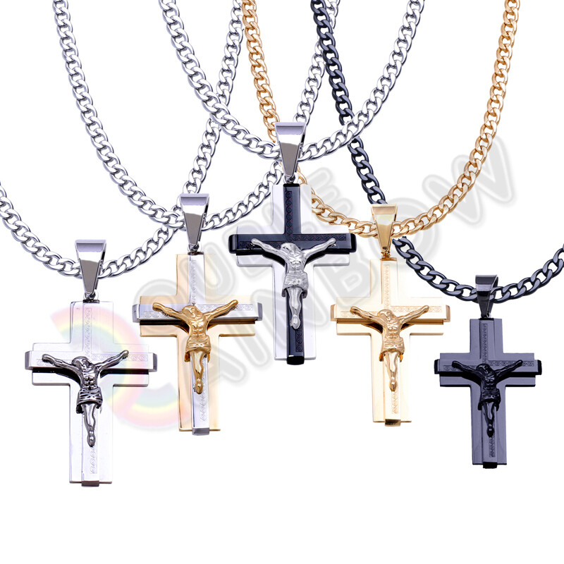 Men Stainless Steel Cross Necklace Jesus Crucifix 18-36″Cuban 5mm-12mm Chain#P04