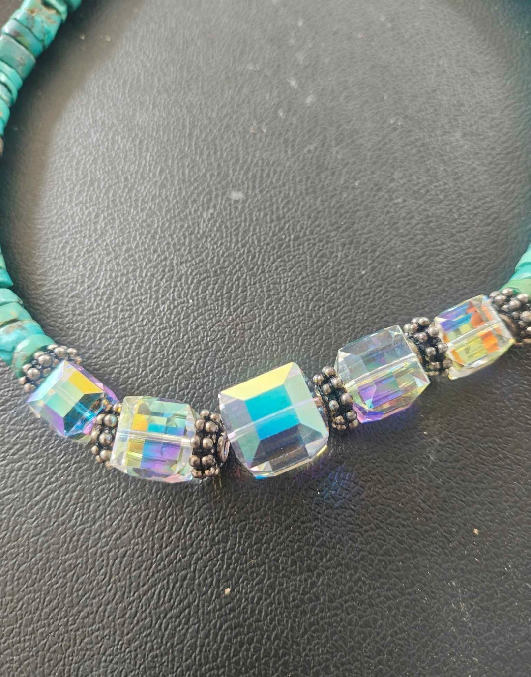 Turquoise Navajo Beaded Necklace w/ Iridescent Crystal, Toggle Clasp