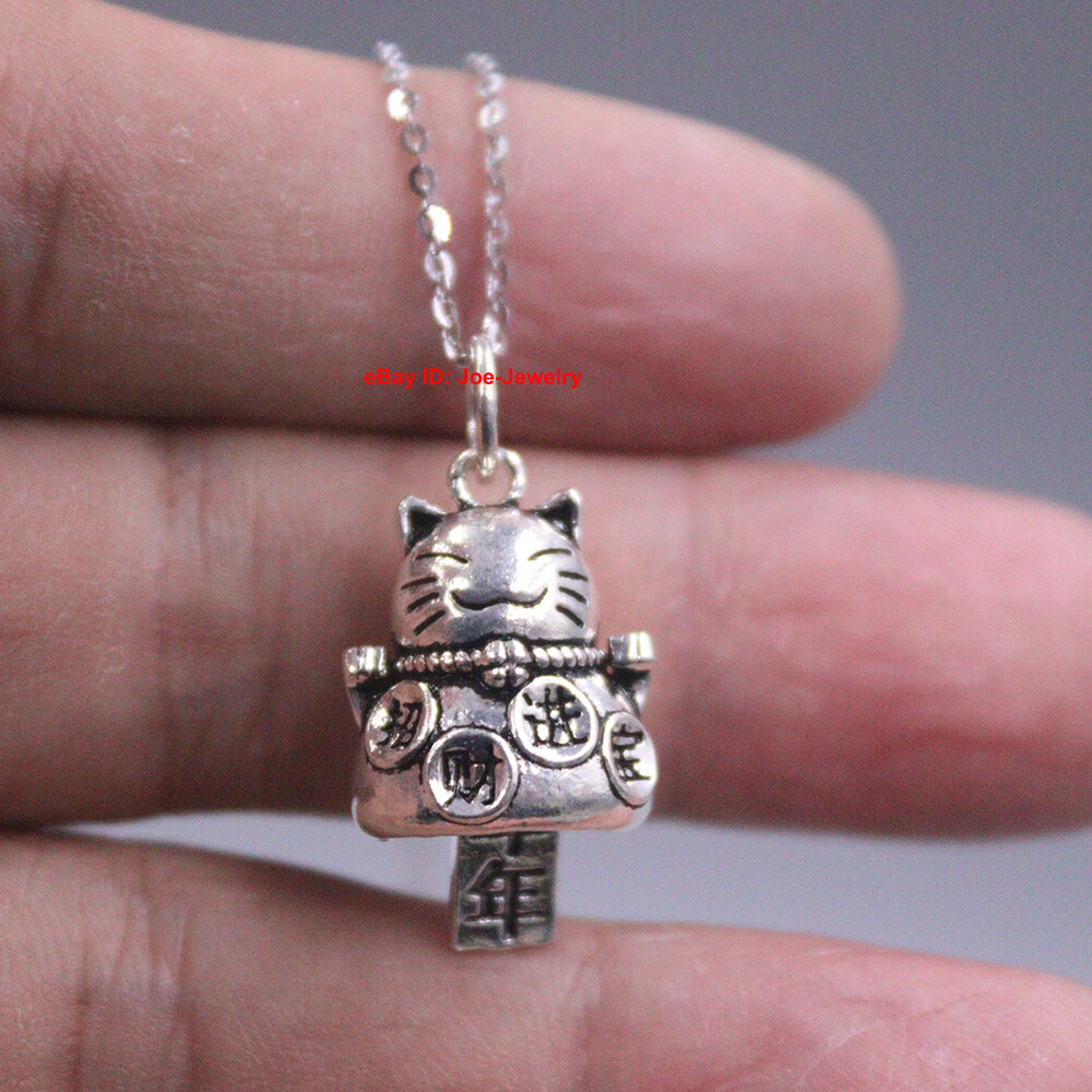 Solid 925 Sterling Silver Pendant Lucky Rich-Cat Pendant 1.10″ H With 年年有余 Charm