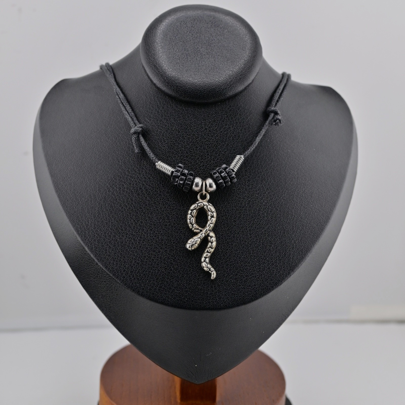 Snake Pendant Necklace w Black Cord Silver Tone Women Charm Jewelry