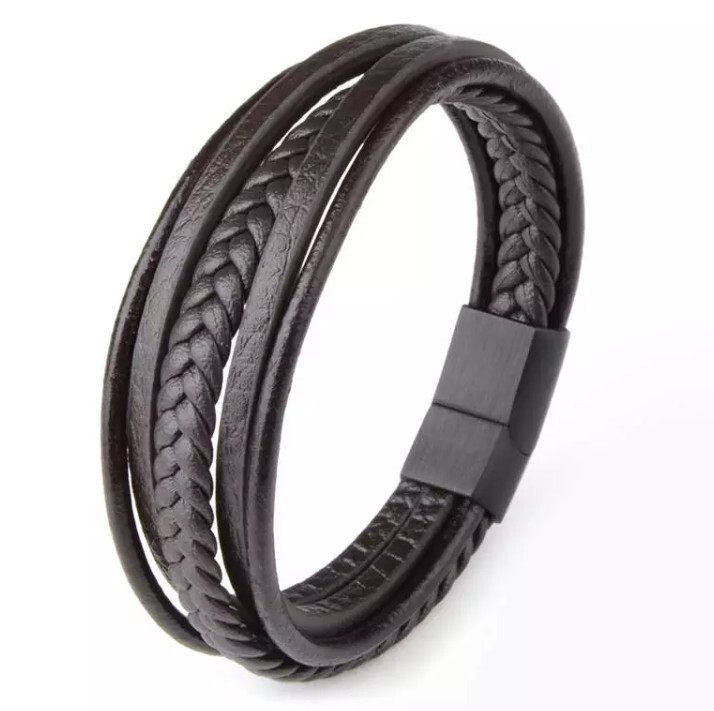 Stainless Leather Bracelet 8″ Unisex Brown Braided Magnetic Clasp Jewelry 21cm