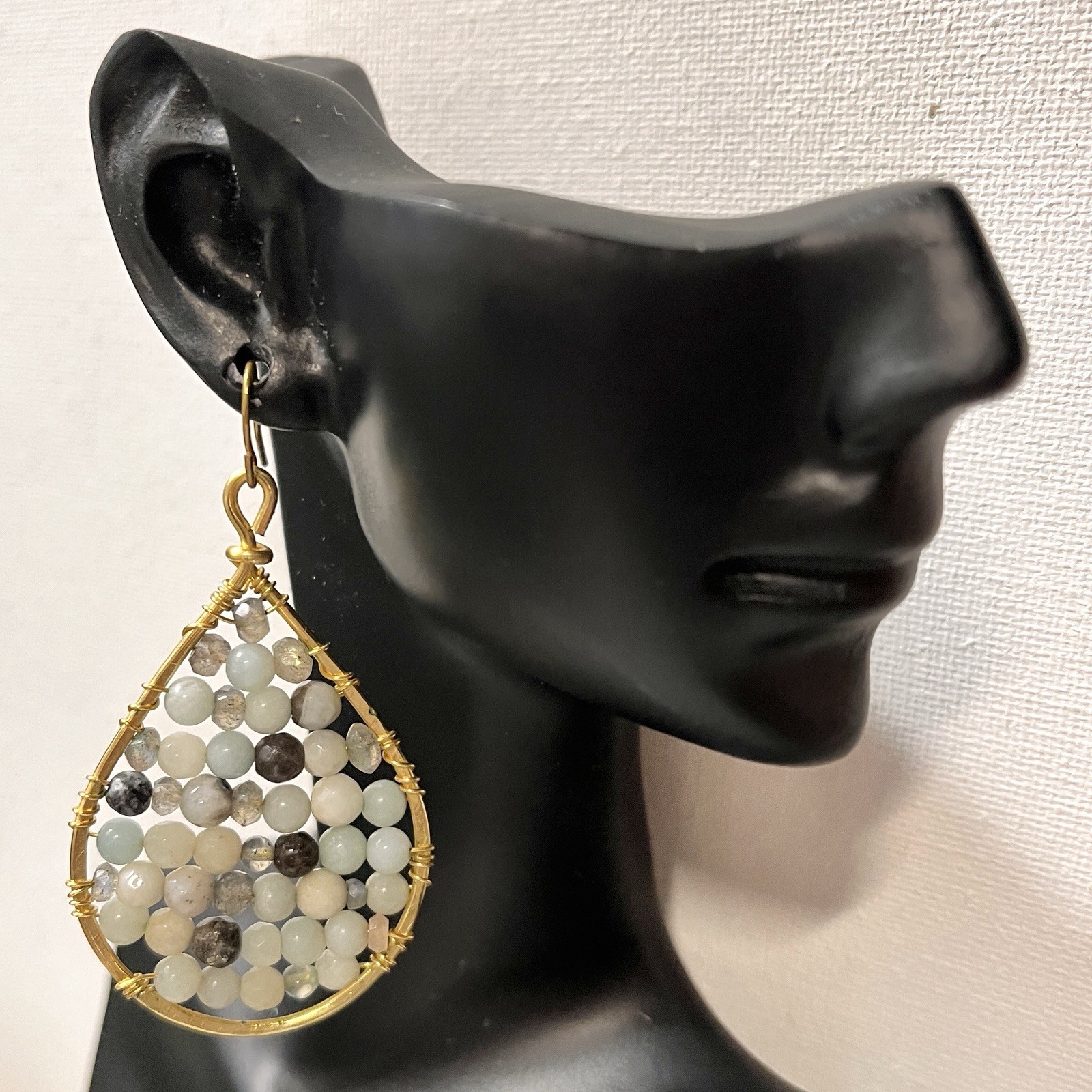 Goldtone Wire Wrapped Round Stones in Teardrop Earrings 1 1/4″ x 2 1/8″ Dangles