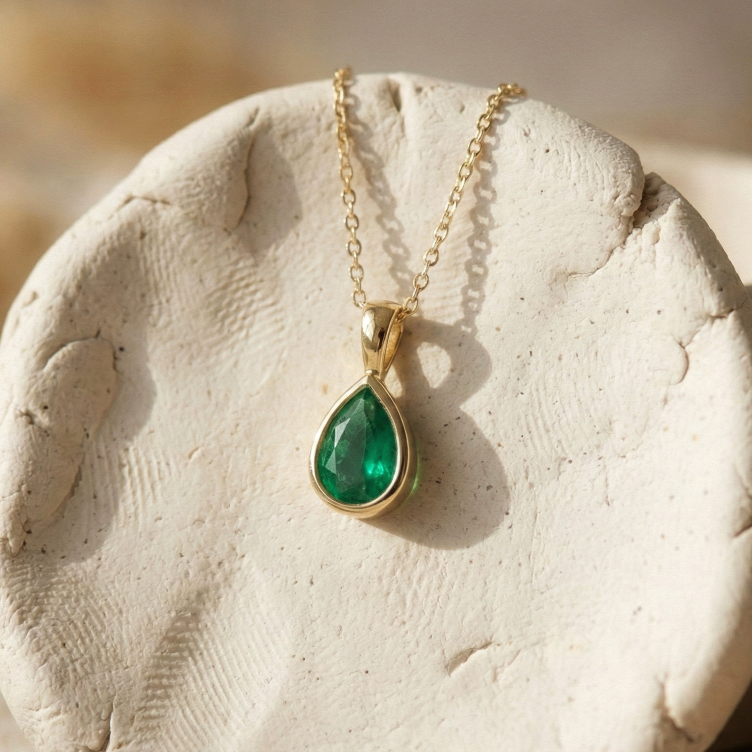 Pear Lab-Created Green Emerald Pendant Necklace, Gold Plated Handmade Pendant
