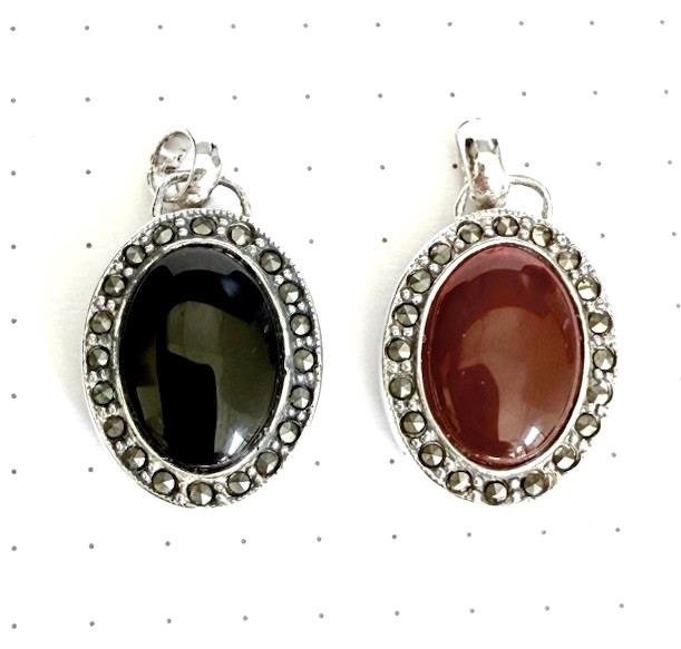 DOUBLE-SIDED PENDANT Black Onyx & Carnelian Stones Marcasite 925 STERLING SILVER
