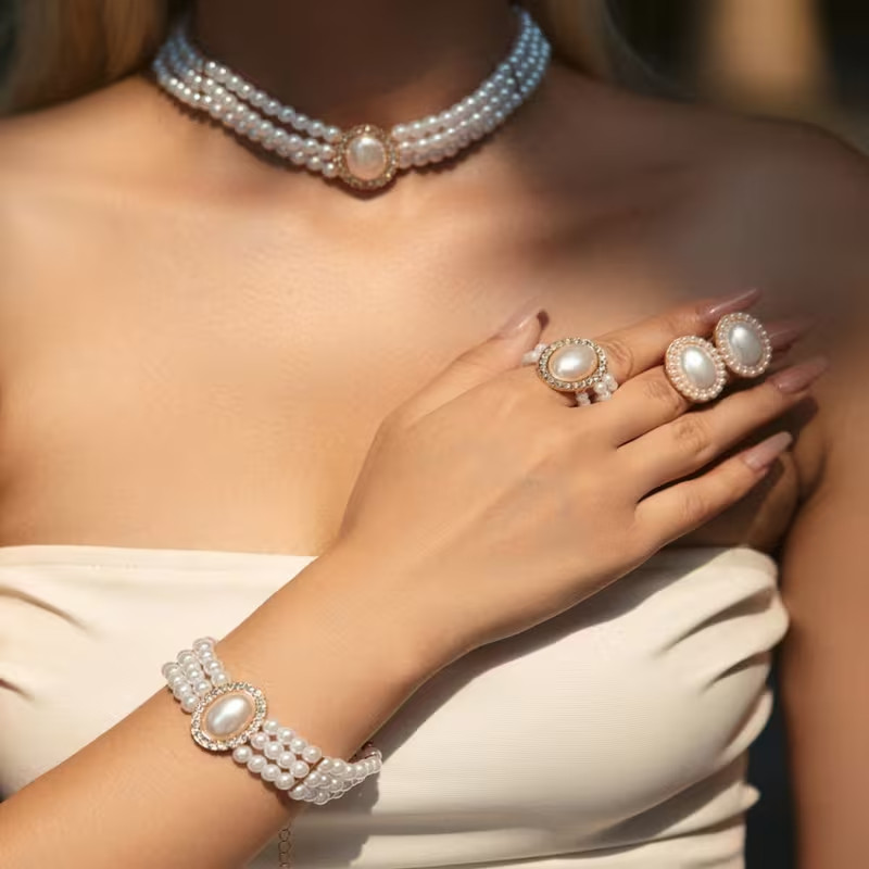 Pearl Jewellery Set Necklace Bracelet Ring Earrings Bridal Wedding Women Gift