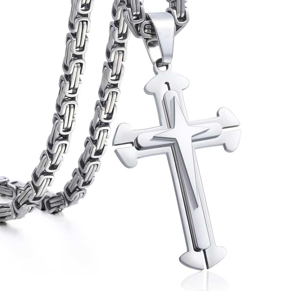 Silver Stainless Steel Cross Pendant Necklace Curb or Byzantine Link Father Gift