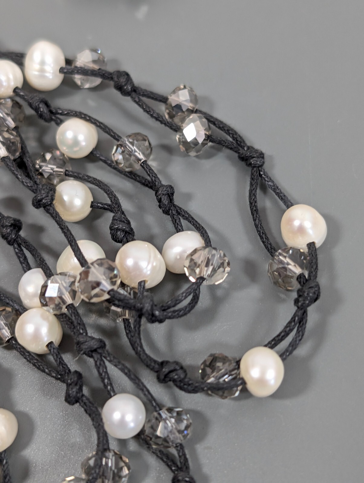 Boho BEachy Black Cord White Pearl Gray Glass Bead Layering Long Necklace 52 in