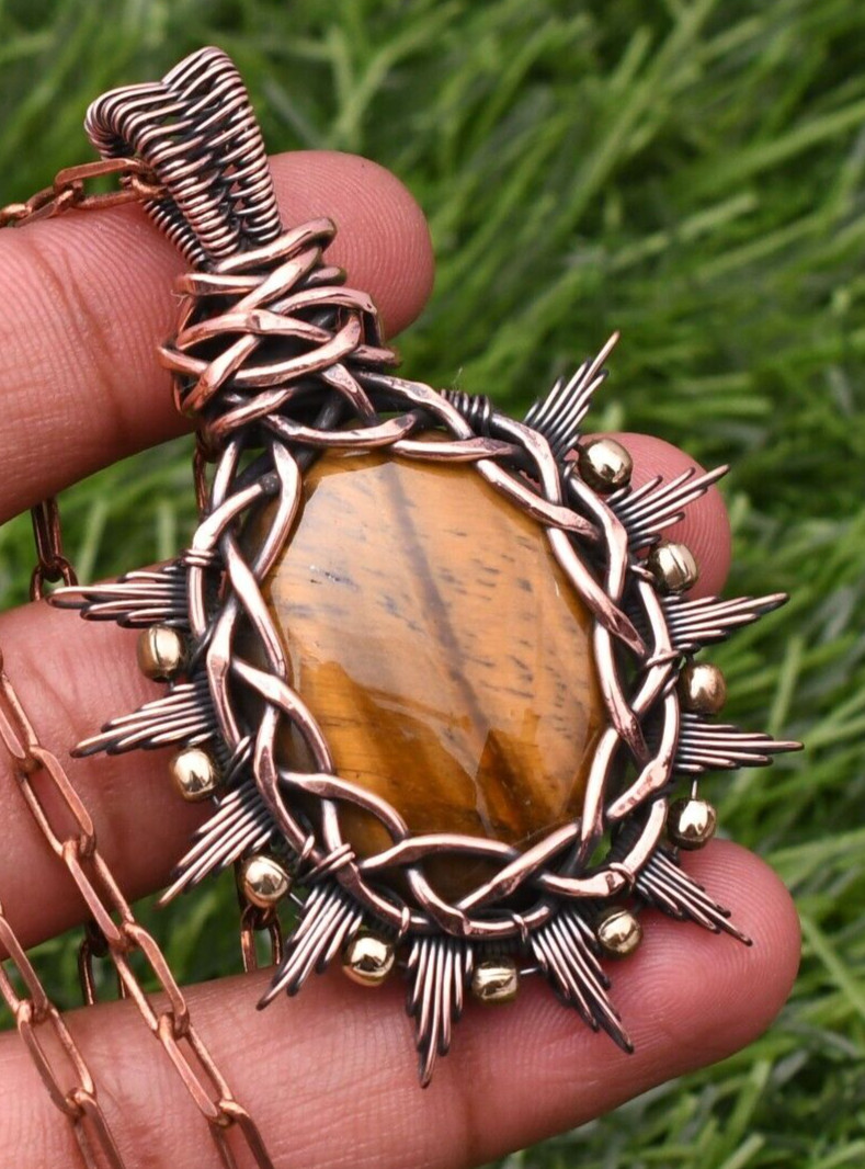 Tiger’s Eye Gemstone Copper Wire Wrap Handmade Jewelry Pendant 2.28″