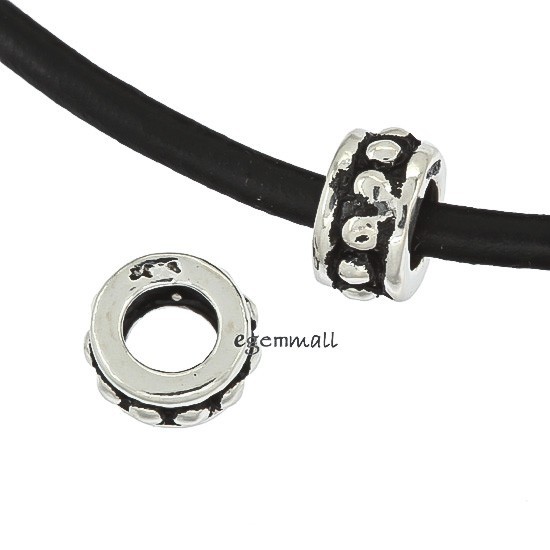 2 Antique Sterling Silver Rondelle Leather Cord Charm Spacer Bead 7.8mm #97486