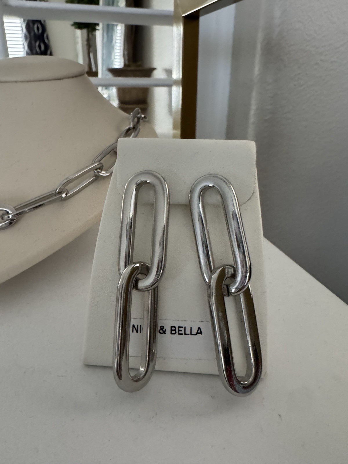 Nice & Bella Silver Paperclip Chain Necklace & Drop Earrings Jewelry Set