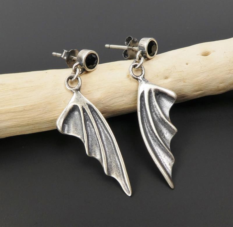 Handmade Black Crystal 925 Sterling Silver Bat Wing Drop Earrings Unique Gothic