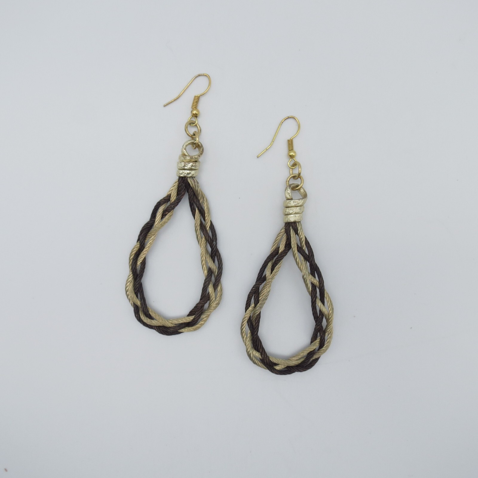 Teardrop Dangle Earrings Brown Beige Braided Rope Gold Tone Boho