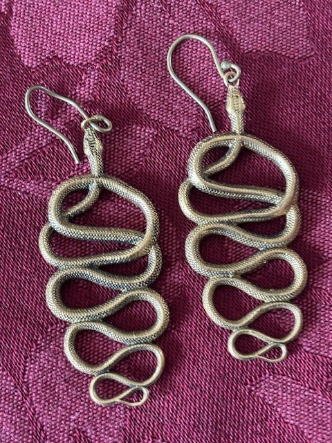 2 Pair Dangling Snake Earrings: Gold Color Metal Rhinestone & Mythology Tribal