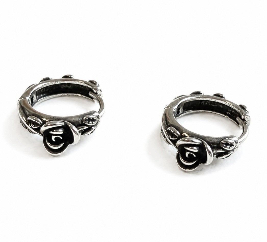 10mm Vintage Rose Huggie Hoop Earrings 925 Silver Floral Lobe & Cartilage 458