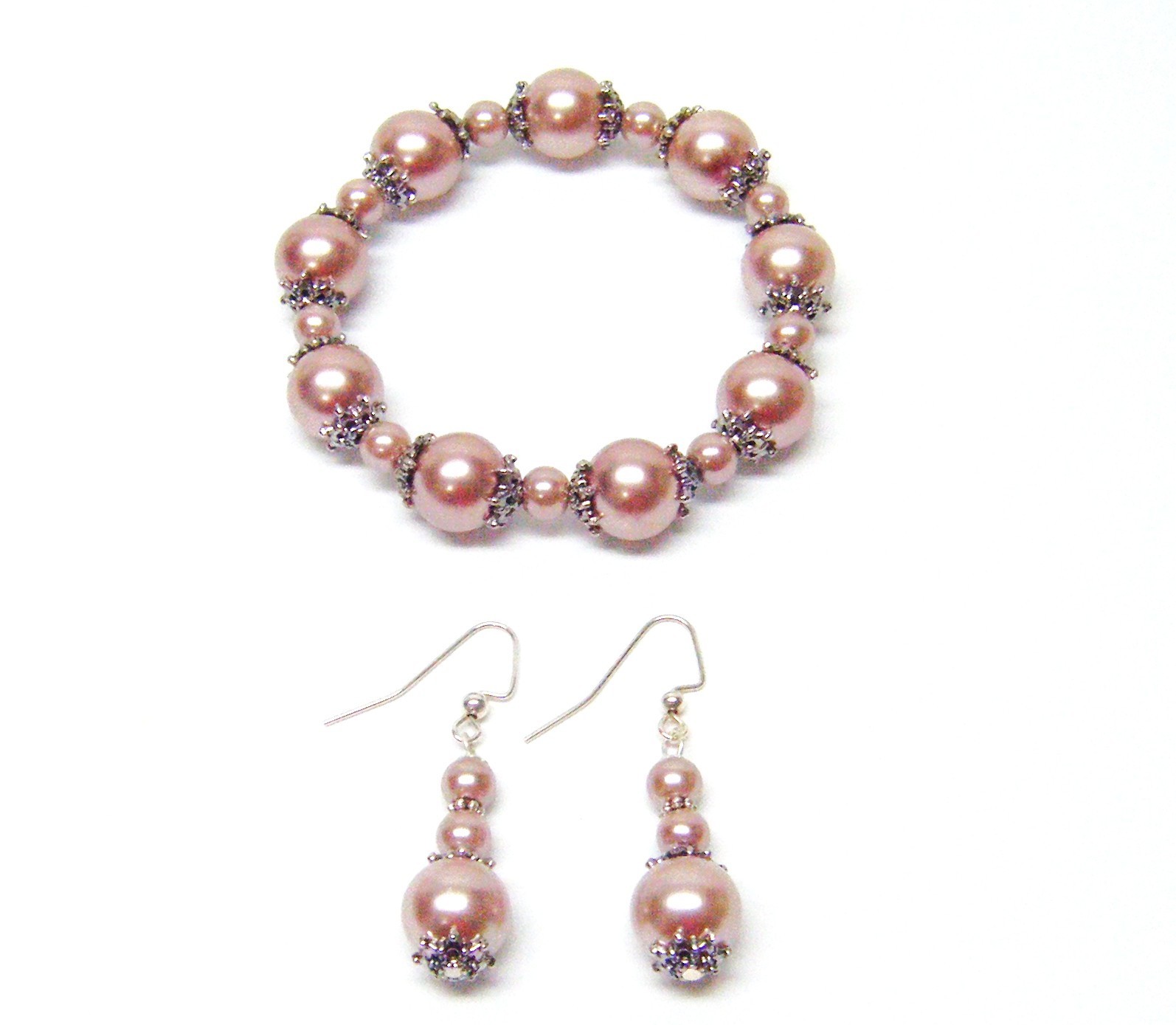 6/12mm Smoke Glass Pearl Necklace/Bracelet/Earrings w/Silver Plated Bead Caps