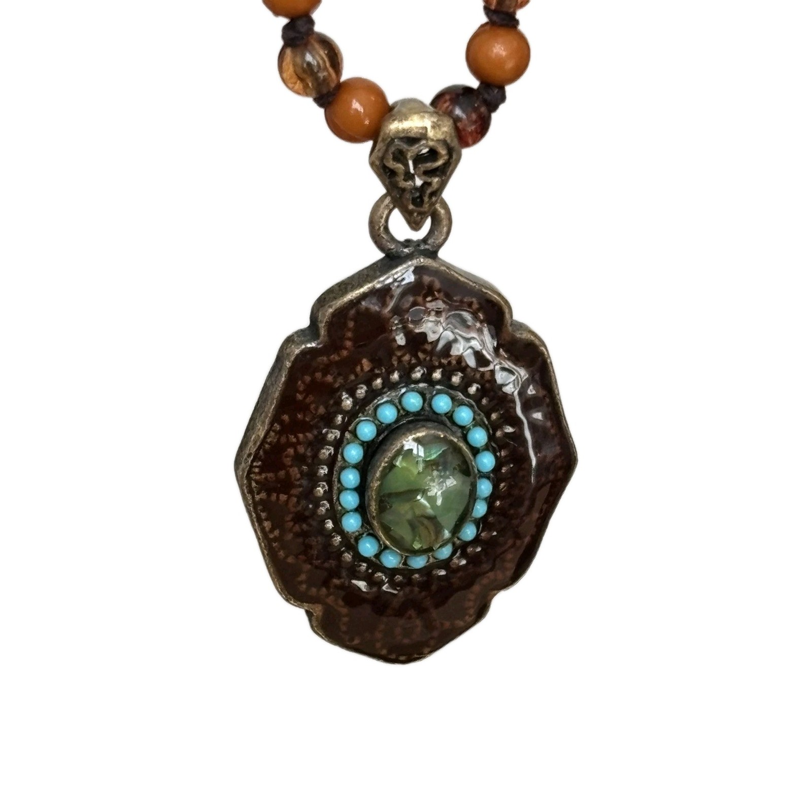 Blue Pendant Necklace With Orange Beaded Chain/ Measures 14 In Total Length