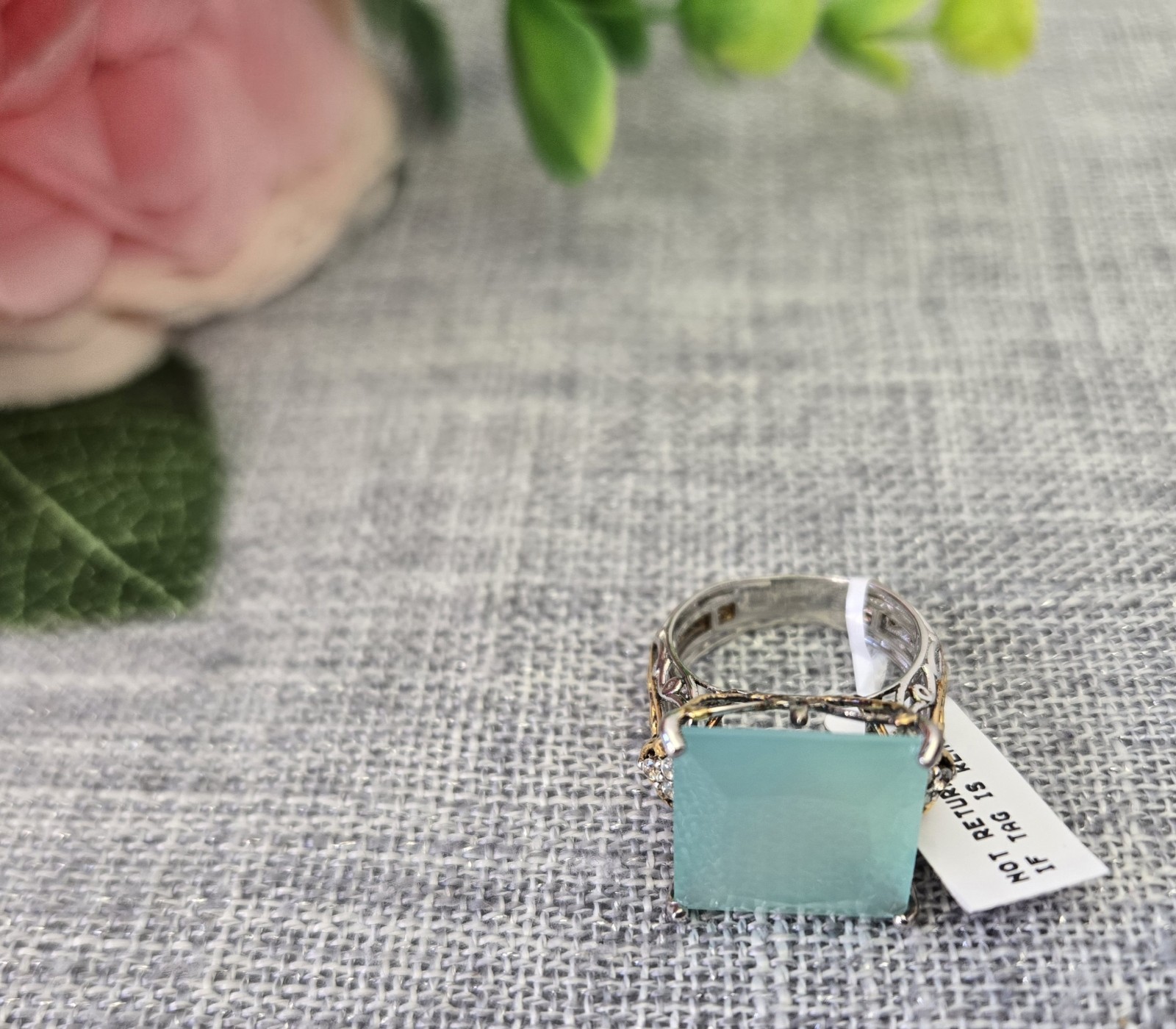 Vtg Gems en Vogue Princess Cut Seafoam Chalcedony, White Zircon Ring 925 sz 7.75