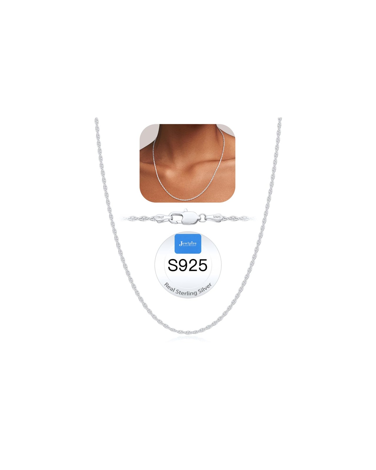 Jewlpire 925 Sterling Silver Chain Necklace For Women 1.5Mm Rope Chains Silver